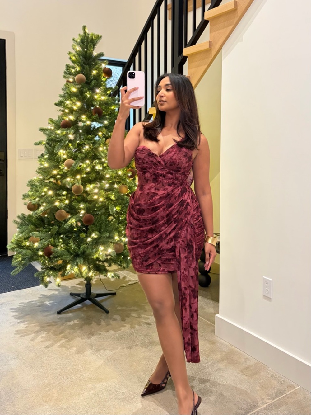 JLUXLABEL Burgundy Ruched Plunge Mini Dress